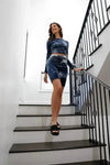 Multicolor Tie-dye Velvet Cropped Long Sleeve Top & Bike Shorts Set
